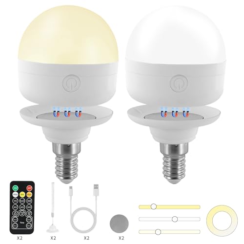 Gecool Rechargeable Light Bulb with Magnetic Base – 3 Colour Modes,Dimmable 10%-100%,Includes Lanyard – for Camping, Emergency & Home Use(E14-2PCS)