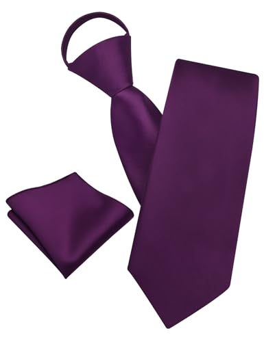 Image of YourTies Zipper Tie for Men Adjustable Pre-tied Satin Neckties and Pocket Square Set Solid Color Business Formal Wedding