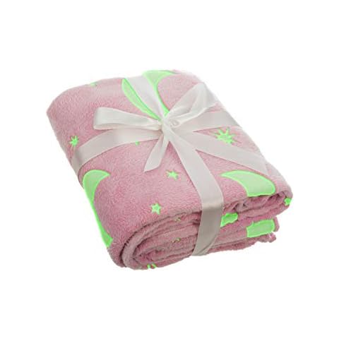 Wicked Gizmos Glow in the Dark Fluffy Throw Over in Soft and Plush Faux-Fur Microfibre Fleece Finish for Bed, Sofa or Couch (Moon & Stars Pink) Cover