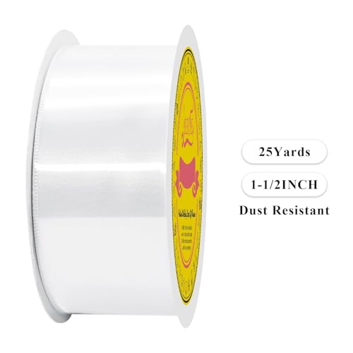 Image of Double Face White Satin Ribbon 1-1 /2 inch X 25 Yards Polyester White Ribbon for Gift Wrapping Very Suitable for Weddings Party Hair Bow Invitation Decorations and More