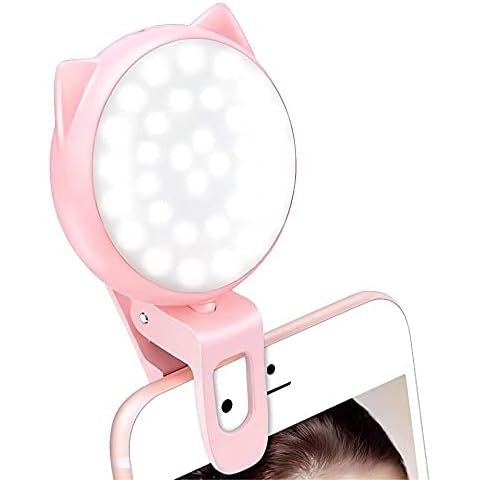 JISULIFE Selfie Clip on Ring Light, Mini Rechargeable 9 Level Adjustable Brightness Light with 32 LED, 2-8 Hours, USB Flash Lighting for iPhone/Android Cell Phone Photography,Video, Vlogging - Pink Cover