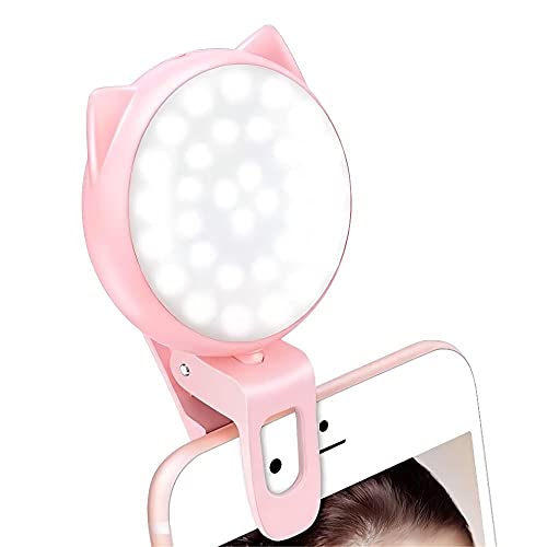 JISULIFE Selfie-Clip-on-Ringlicht, Wiederaufladbare Mini-Leuchte mit 9 Stufen, Einstellbarer Helligkeit, 32 LEDs, 2-8 Stunden, USB-Blitzbeleuchtung für iPhone/Android-Handy-Fotografie, Video - Pink Cover