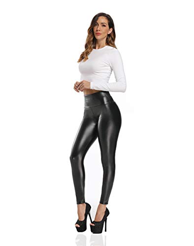 Bycc Bynn Calça legging feminina preta de couro sintético com cintura alta e stretch brilhante, Pret