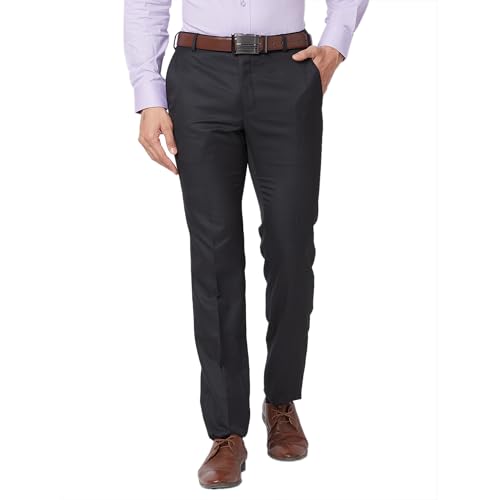 Image of Raymond Men's Slim Fit Mid Rise Structure Pattern Poly Viscose Blend Pleatless Formal Trouser