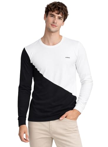 Image of ADRO Men's Full Sleeve T-Shirt Navy Grey Colorblock | Cotton Round Neck Casual Tshirt | Regular Fit Stylish T Shirt