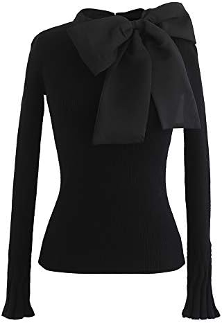 CHICWISH Women Bow Tied Long Sleeve Knit Top Mock Neck Slim Fitte...