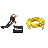 Worx 12 Amp TRIVAC 3-in-1 Electric Leaf Blower & Southwire 2588SW0002 Outdoor Cord-12/3 SJTW Heavy Duty 3 Prong Extension Cord-for Commercial Use (50', Yellow), 50 Feet