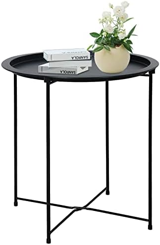 Garden 4 you Folding Tray Metal Side Table Black Round End Table Cyan Sofa Small Accent Fold-able Table, Round End Table Tray, Next to Sofa Table, Snack Table for Living Room and Bed Room