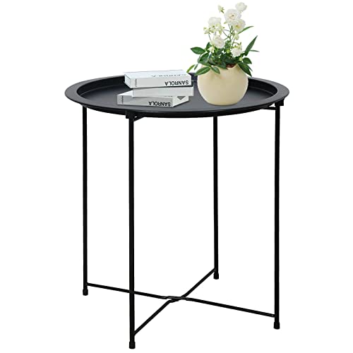 Garden 4 You Folding Tray Metal Side Table Black Round End Table Cyan Sofa Small Accent Fold-Able Table, Round End Table Tray, Next To Sofa Table, Snack Table For Living Room And Bed Room #TOP16