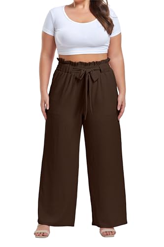 Image of OLRIK Women's Plus Size Pants Adjustable High Waisted Wide Leg Palazzo Pants Casual Trousers with Pockets Spring Clothes