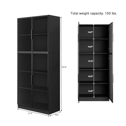 Jiaoun 78.7" Tall Display Cabinet with Glass Doors and LED Light, Black Curio Cabinets, Bookcase with 5-Tier Shelves, Trophy Glass Display Case for Collectibles