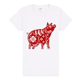 PriceDumb Chinesisches Sternzeichen Neujahr Schwein Tier Damen T-Shirt Top, Weiß, XL