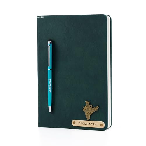 Image of AICA Personalized Name & Charm Magnetic Stick Leather (Dark Green) Diary A5 Size 180 Pages & Roller Pen | Customized Corporate Gift for Men Women | Diwali Gifts for Family and Friends | Diwali Gift