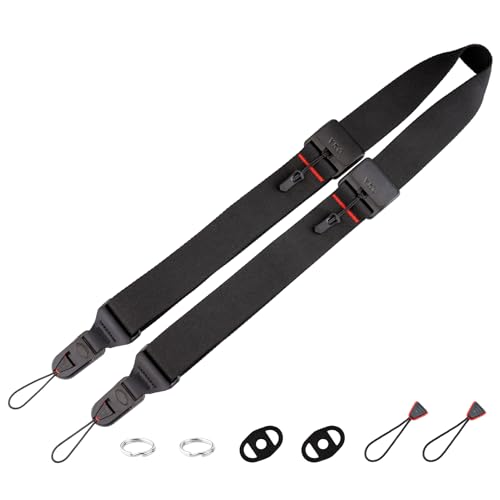 VKO quick release camera strap in black nylon webbing — shows the slim 38mm profile that spreads a full-frame body's weight