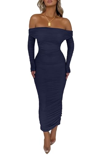 PRETTYGARDEN Women's Fall Off The Shoulder Maxi Dress Spring Long Sleeve Ruched Fitted Bodycon Club Dresses with Slit