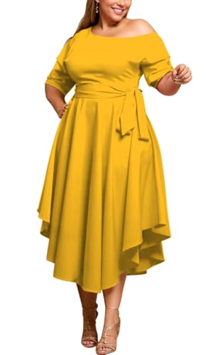 Image of Plus Size Women Wedding Guest Dress Off Shoulder Boat Neck Irregularly Flowy Midi Church Dress
