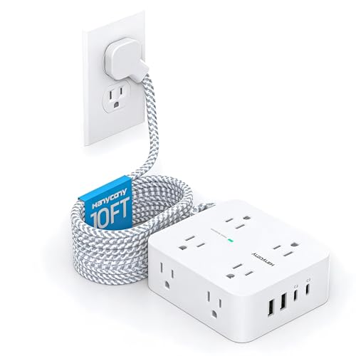 Image of PD 30W USB C Power Strip Surge Protecor, HANYCONY 8 Outlets 4 USB(2 USB C Ports), 1080J Desk Charging Station for Multiple Devices, 10 Ft Flat Plug Extension Cord for College Dorm Room Essentials