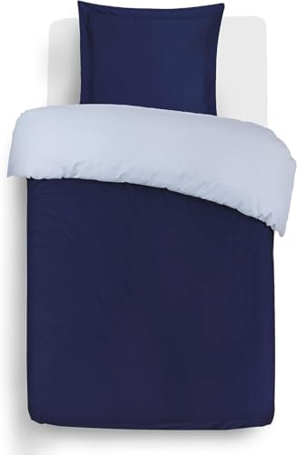 Vision Parure de Lit Réversible 100% Coton Lit Simple - Bleu-Marine Gris | 1 Housse de Couette (140x200 cm) + 1 Taie d'oreiller (65x65 cm) | 57 Fils/cm² | Doux et...
