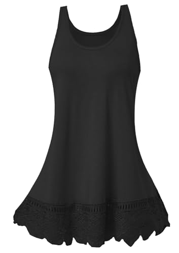 Plus Size Flowy Tank Top for Women – Loose Swing Lace Hem Sleeveless Casual Everyday Shirt (X-Large, Black)
