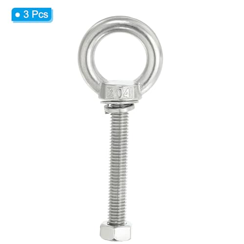 Image of PATIKIL M8 x 70mm Lifting Shoulder Eye Bolt, 3Pcs 304 Stainless Steel Lifting Ring Threaded Eyebolt with Nuts Washers for Hanging Hammocks Articles