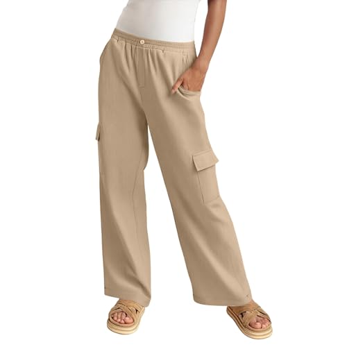 Baggy Linen Cargo Pants Women Lightweight Summer Gauze Wide Leg Hiking Pants Casual Elastic Waist Lounge Trousers2