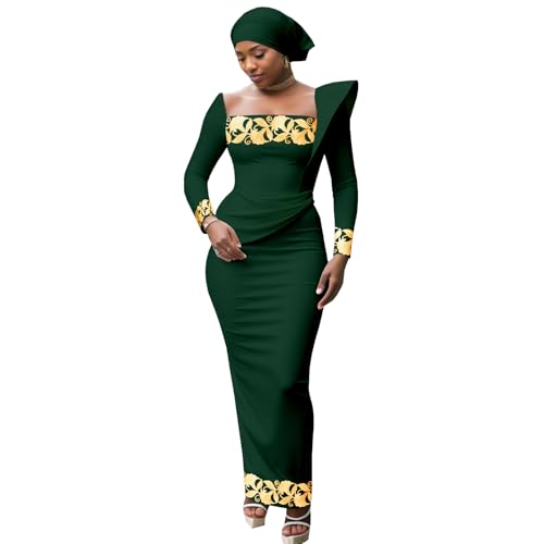 Image of African Dresses for Women High Waist Embroidery Elegant Traditional Midi Dress with Headscarf