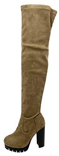 Wild Diva Women's Over The Knee Boot - Sexy Thigh High Boot - High Chunky Heel Platform Shoe - Comfortable Boot Taupe Sz 6 #TOP27