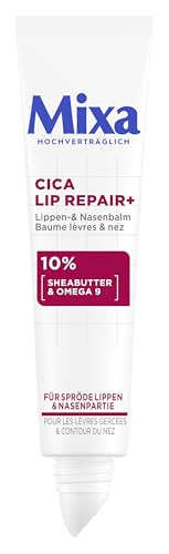Mixa Cica Lip Repair+ Lippen- & Nasenbalsam – Regenerierende Pflege mit 10% Sheabutter & Omega 9 gegen spröde Lippen & Trockenheit – Beruhigender SOS Balsam für die Mund- & Nasenpartie, 10ml