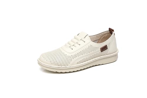 Image of IVACHY Women's Comfort Walking Trainers, Breathable Perforated, Flat Platform Casual Work Shoes Beige