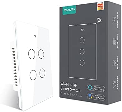 MoesGo WiFi Smart Wall Light Switch,Glass Panel, Multi-Control(3 Way), 2.4GHz Wi-Fi Touch Switches, Neutral Wire Required, Remote Control Smart Life/Tuya App, Work with Alexa, Google Home White 4 Gang