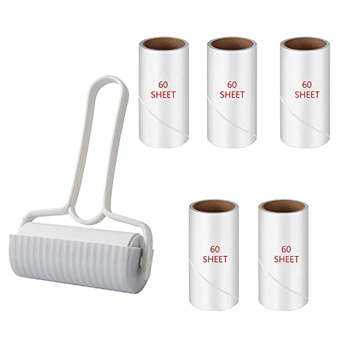 300 Blatt Fusselrolle, Haustier-Haarentferner, klebrige Flusenentferner-Bürste, Kleiderreiniger Walze, 1 Fusselroller + 5 Nachfüllungen, für Katzenhaare, Hundehaare, Staub, Fussel, Kleidung, Teppich Cover