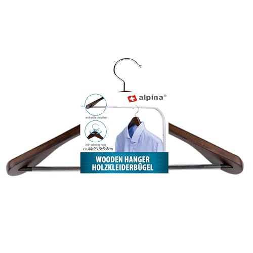 alpina Kleiderbügel Holz - 1 Stück Holzkleiderbügel - Bügel mit Breiten Schultern und Anti-Rutsch - 44 x 23,5 x 5,8 cm - Geeignet für 2 Kleidungsstücke - Kleiderorganizer - Braun