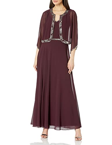 J Kara Women's Petite 2 Piece Set Metallic Beaded Long Jacket Dress