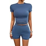 Kioxiuin Womens Casual Workout Sets Summer Outfits 2 Piece Slim Short Sleeve Shorts Matching Clothing,Blue,M