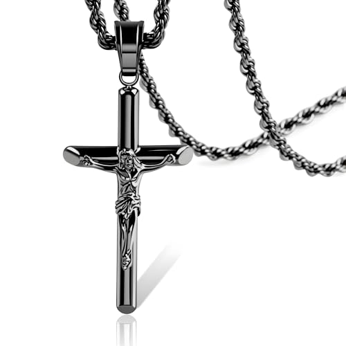 ALEXCRAFT Black Stainless Steel Cross Necklace for Men Cross Necklaces for Women Trendy Stainless Steel Crucifix Pendant with 3mm 21inch Rope Chain