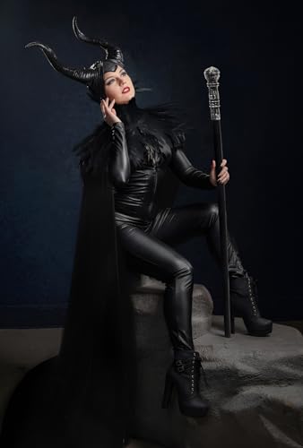 UQJE Black Gothic Witch Costume Raven Costume Halloween Feather Shawl Mesh Cape with Horns Set3