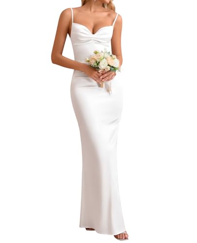 Womens Satin Elegant Weeding Guest Maxi Dress Bodycon Long Formal Cocktail Silk Dresses White