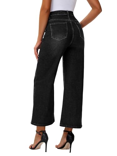 Genleck Women's Wide Leg Jeans – Cropped High Waisted Trendy Front Pockets Jeans Stretchy Capri Baggy Cute Denim Pants 2025 Deep Black — view 3