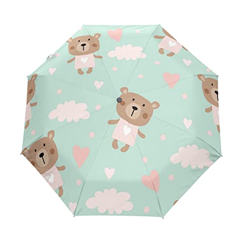 Parapluie pliant automatique ours cœur anti-UV et coupe-vent léger