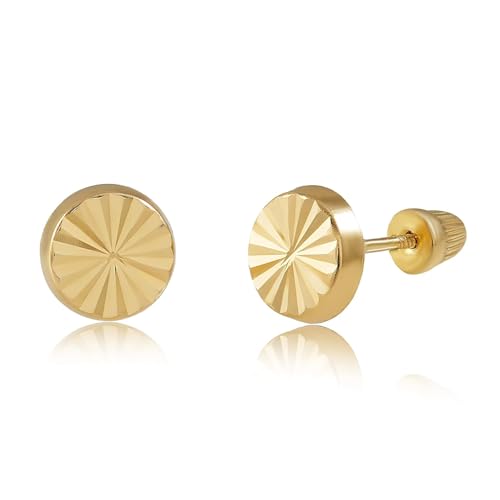 14K Real Yellow Gold Diamond Cut Stud Earrings for Women