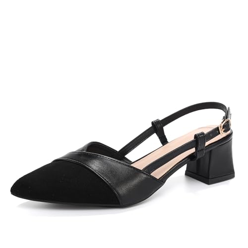 Women's Slingback Closed Pointed Toe Pumps Low Chunky Heels Wedding Party Dress Shoes, Model SR-A06