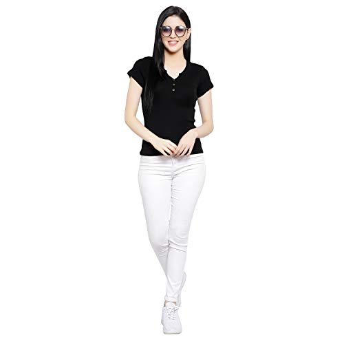 Image of Women Solid Slim Fit Henley V-Neck Button Front Short Sleeve Casual Cotton Top