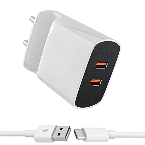 Image of Dual Port Charger for Vivo Y21T / Y 21 T Charger Original Adapter Like Wall Charger | Mobile Charger | Fast Charger | Android USB Charger With 1 Meter USB Type C Charging Data Cable (3.4 Amp, 2-Port, TS1, White)