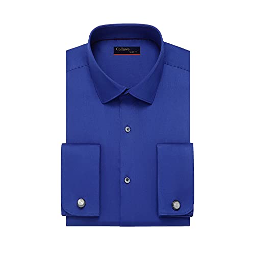 Gollnwe Men's Slim Fit French Cuff Stretch Bamboo Solid Dress Shirt Dark Blue Xl #TOP30