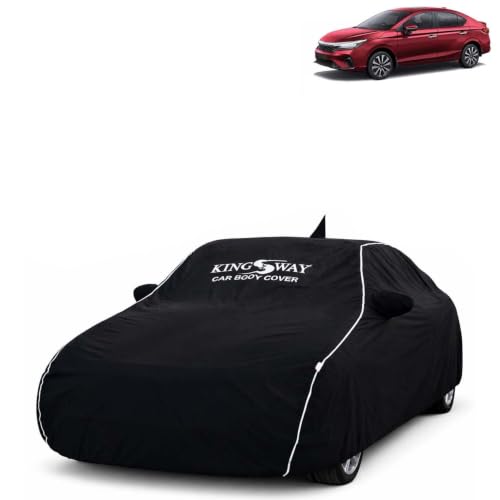 Image of KINGSWAY Super Waterproof Car Cover Only with Honda City (Year 2023 Onwards - All Model) | Mirror and Antenna Pockets | All Weather Car Body Cover with Silver Piping | Black