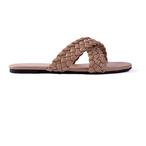 Mtzyoa Women Crossover Sandals Flat Braided Nude Slides Leather Comfort Size 8 Handmade Weave Dressy Wedding Summer #TOP2