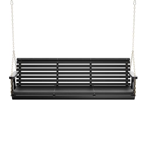 Image of Amish Casual Heavy Duty 700 Lb Capacity Porch Swing (6 Foot, Semi-Solid Black Stain) - Wooden Outdoor Roll Back Swing with Hanging Chains - Amish Made in the USA