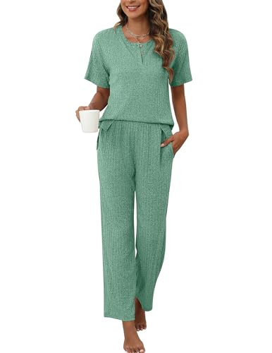 Ekouaer Womens Ribbed Knit Lounge Set Pajama Set Short Sleeve Loungewear Henly Neck Top and Pants Sleepwear with Pockets