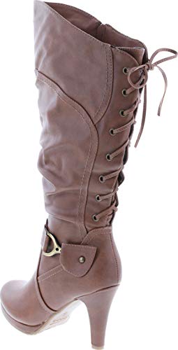 TOP Moda Womens Page-65 Knee High Round Toe Lace-Up Slouched High Heel Boots,Tan,9