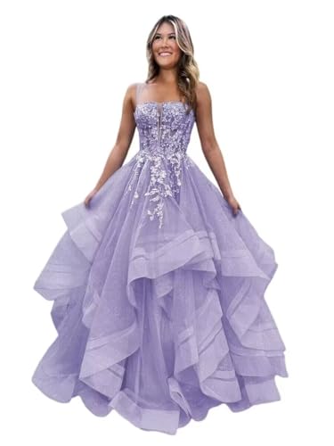 KSIJJWY Women's Sparkly Tulle Prom Dress Long Ball Gown Lace Applique A Line Tiered Spaghetti Straps Formal Evening Dresses Lavender US8